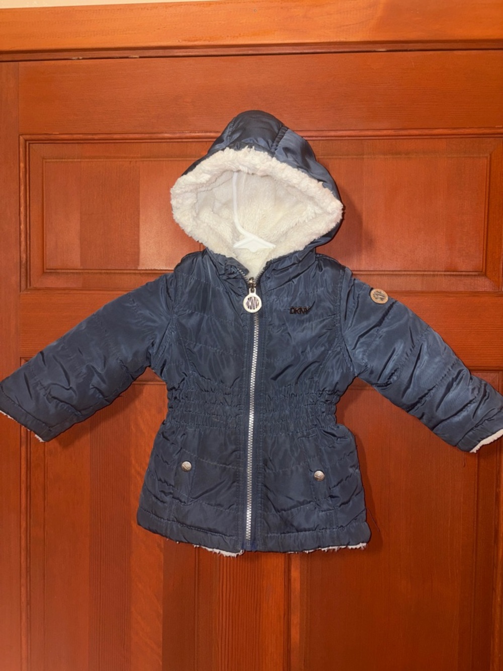 Dkny Navy Hooded Quilted Toddler Coat with Sherpa Trim